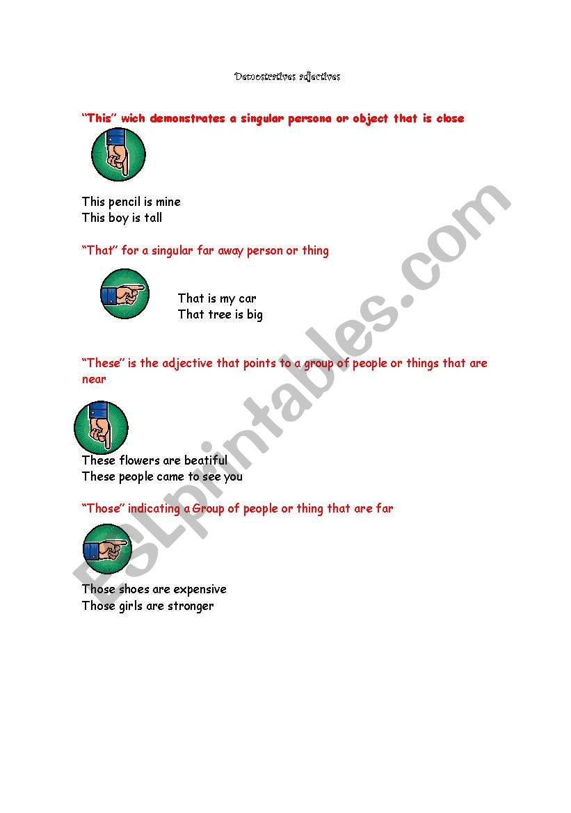 demonstratives adjectives worksheet