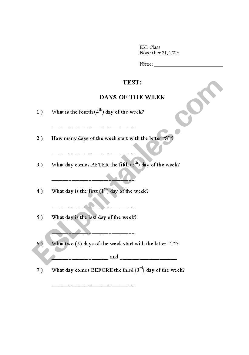 TEST - Days of the Week worksheet
