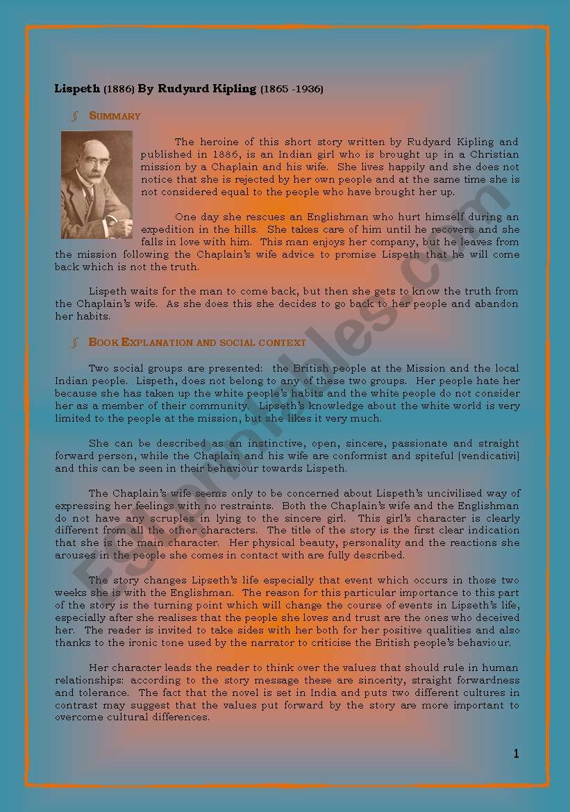 Lispeth by Rudyard Kipling worksheet