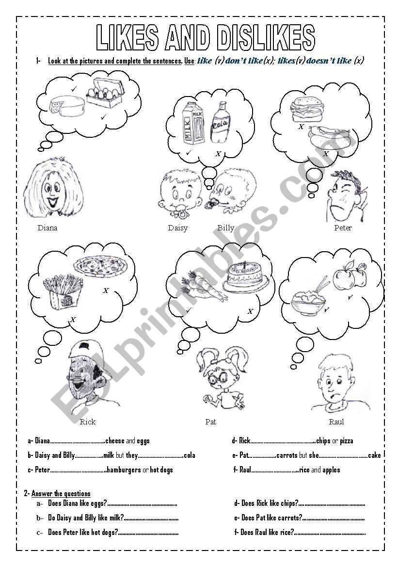 LIKES AND DISLIKES (2 pages) worksheet