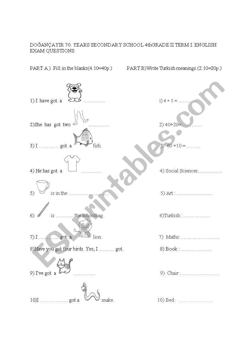 english quiz for 4 classes worksheet