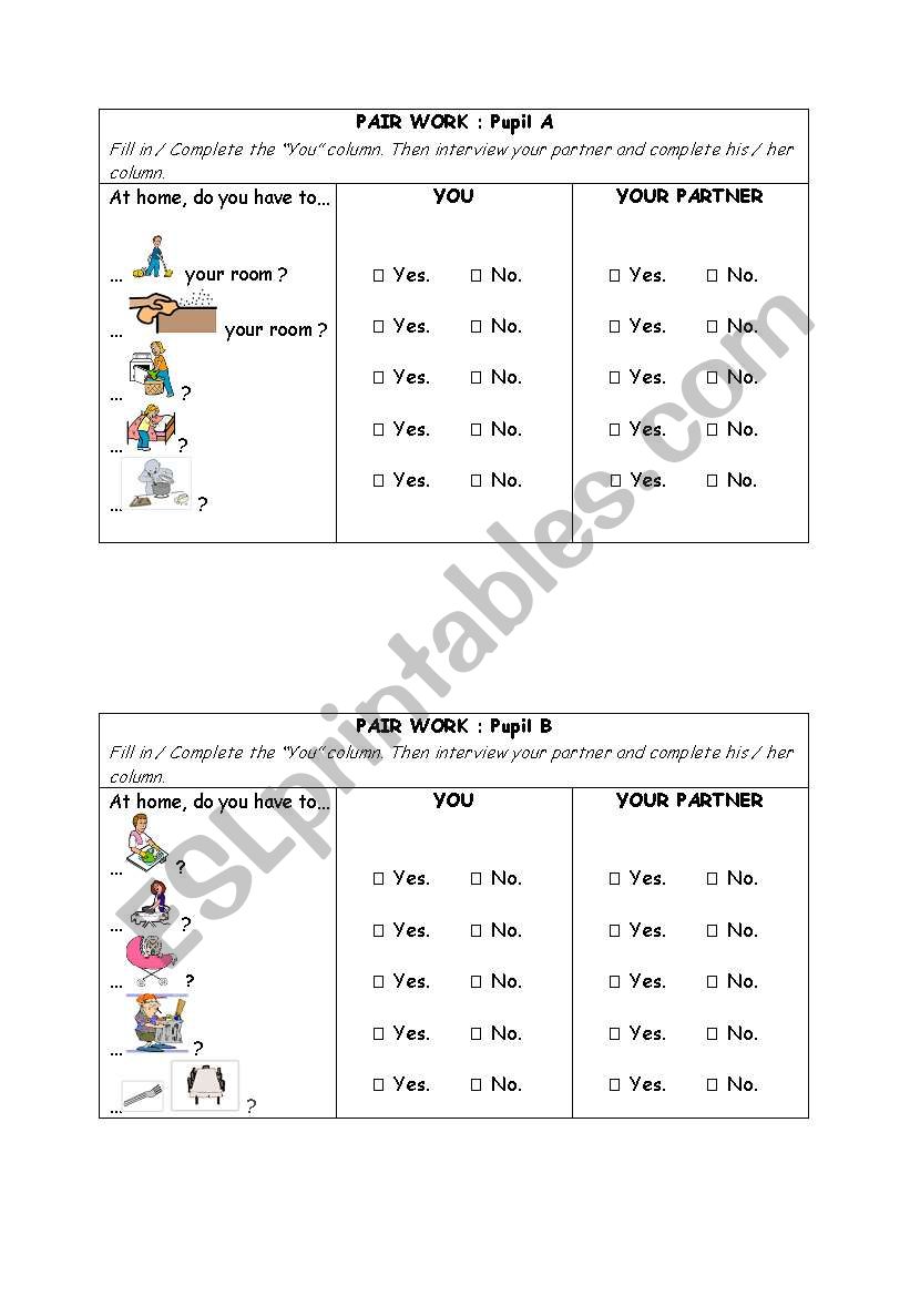 pair work chores worksheet