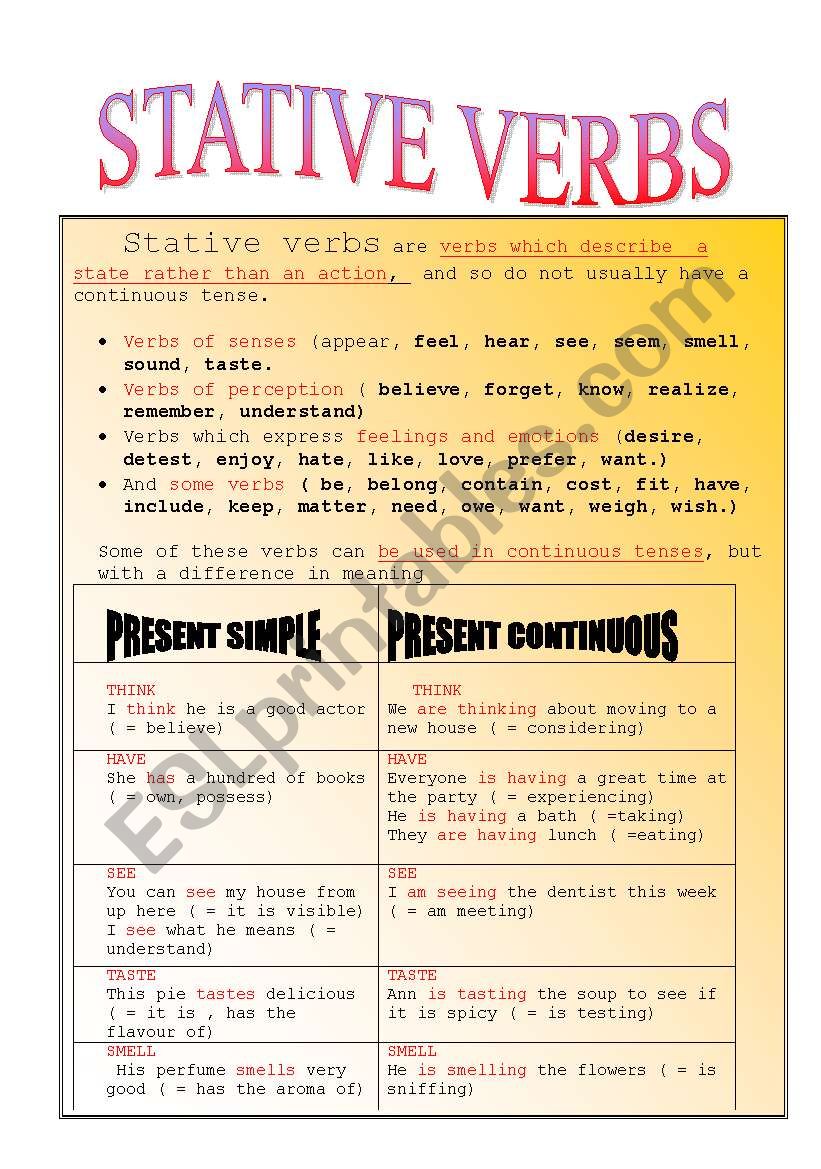 STATIVE VERBS worksheet