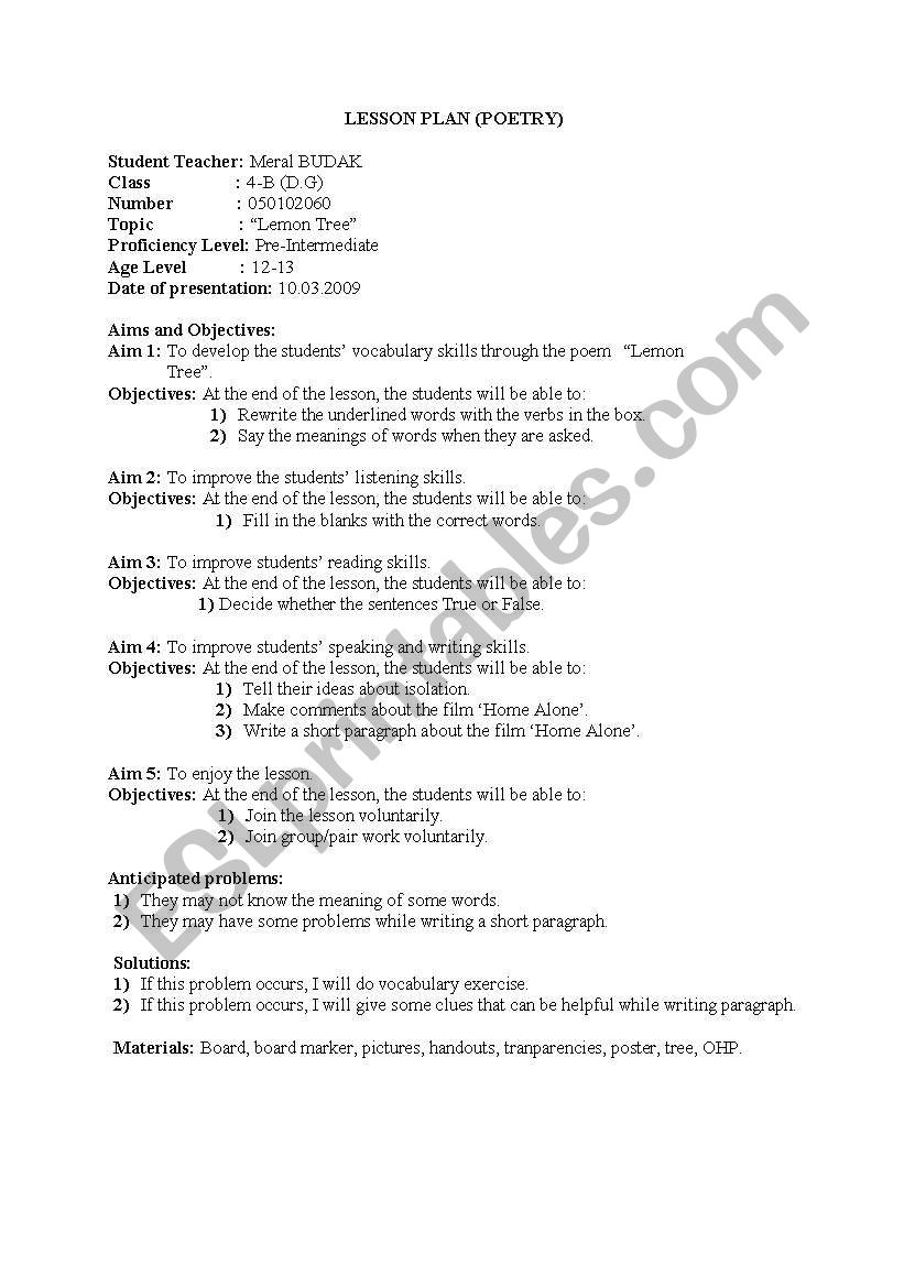 Lesson plan for the song 