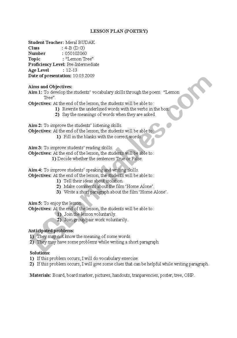 Lesson plan for the song 