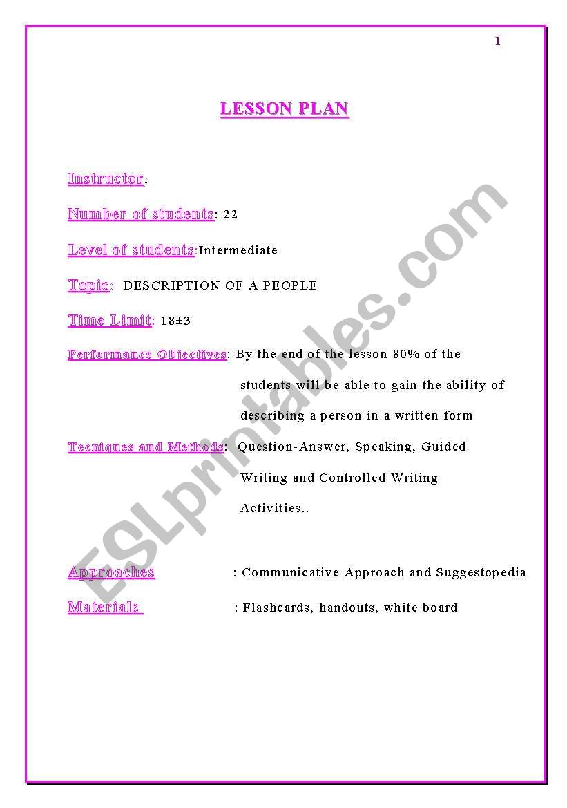 writing lesson plan and activities
