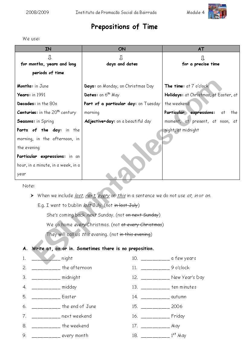 prepositions of time worksheet