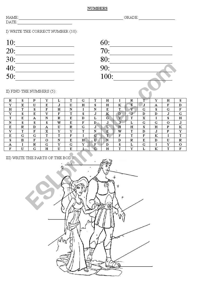 numbers and parts of the body worksheet