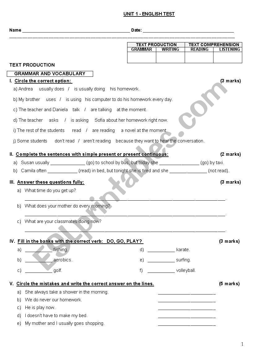 English test - 4 skills worksheet