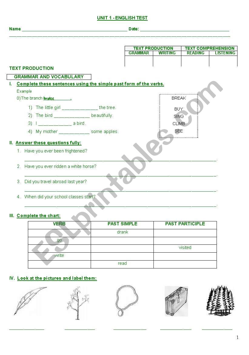 English test- 5th graders- 4 skills