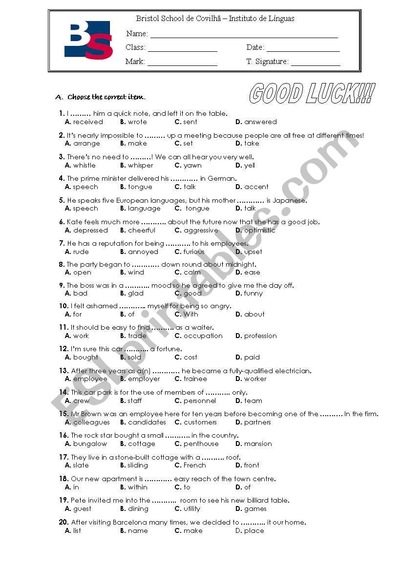 Multiple choice test worksheet