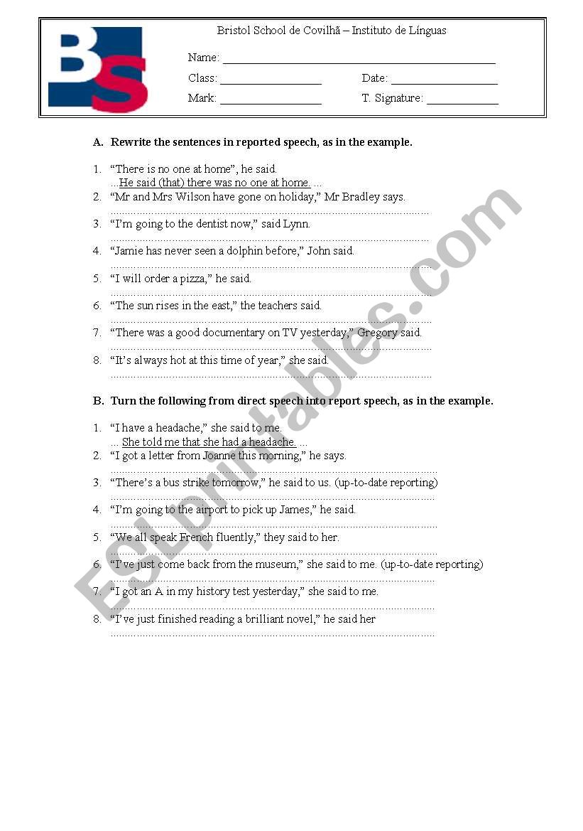 Reported speech worksheet