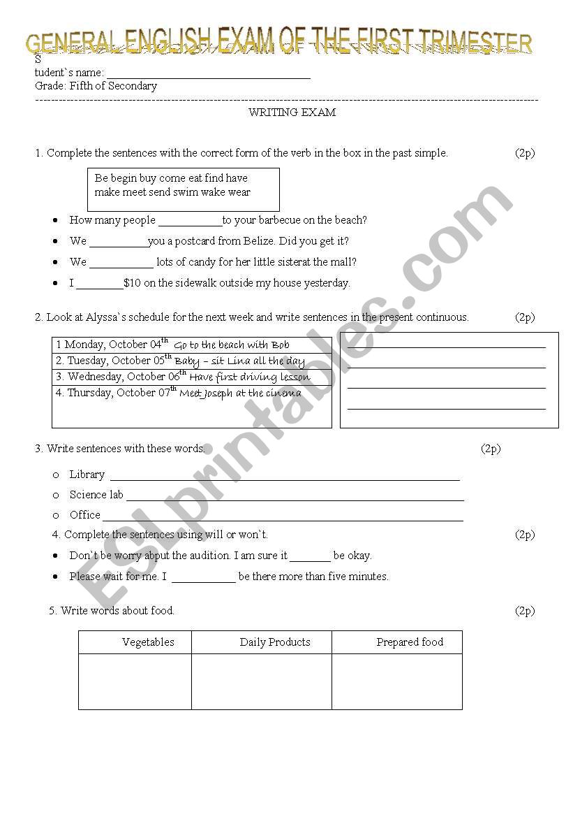 English exam for high school worksheet