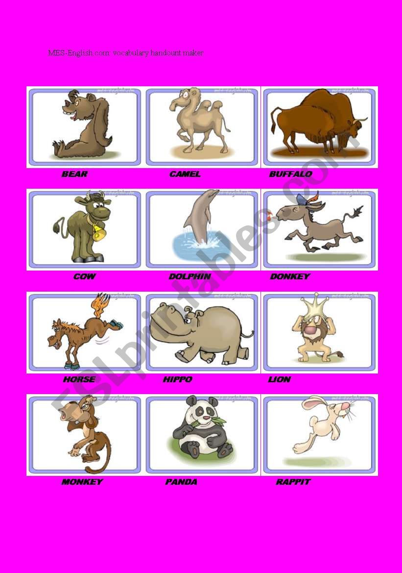 vocabulary handount about animals