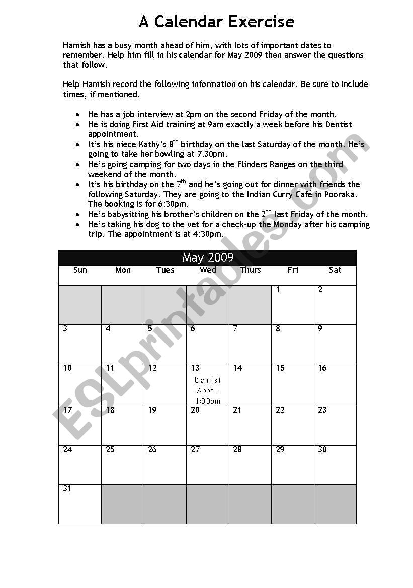 A Calendar Exercise worksheet