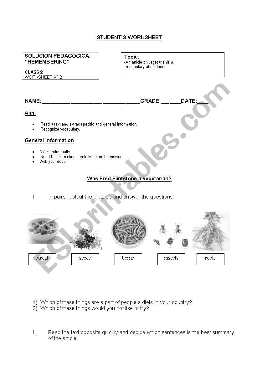 Vegetarianism worksheet