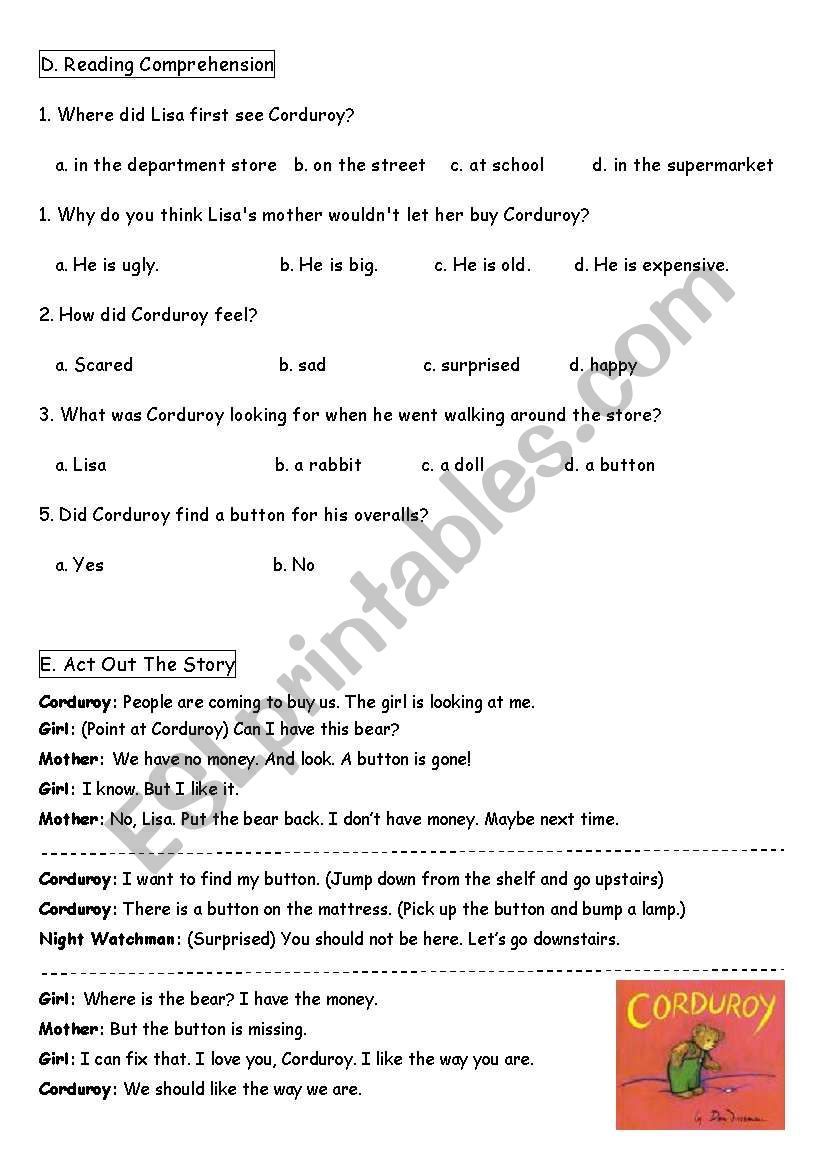 Corduroy worksheet 2 worksheet