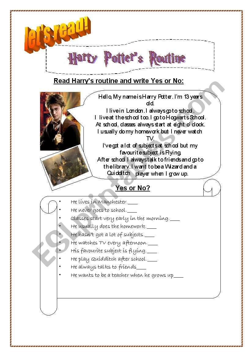 Harry Potters Routine worksheet