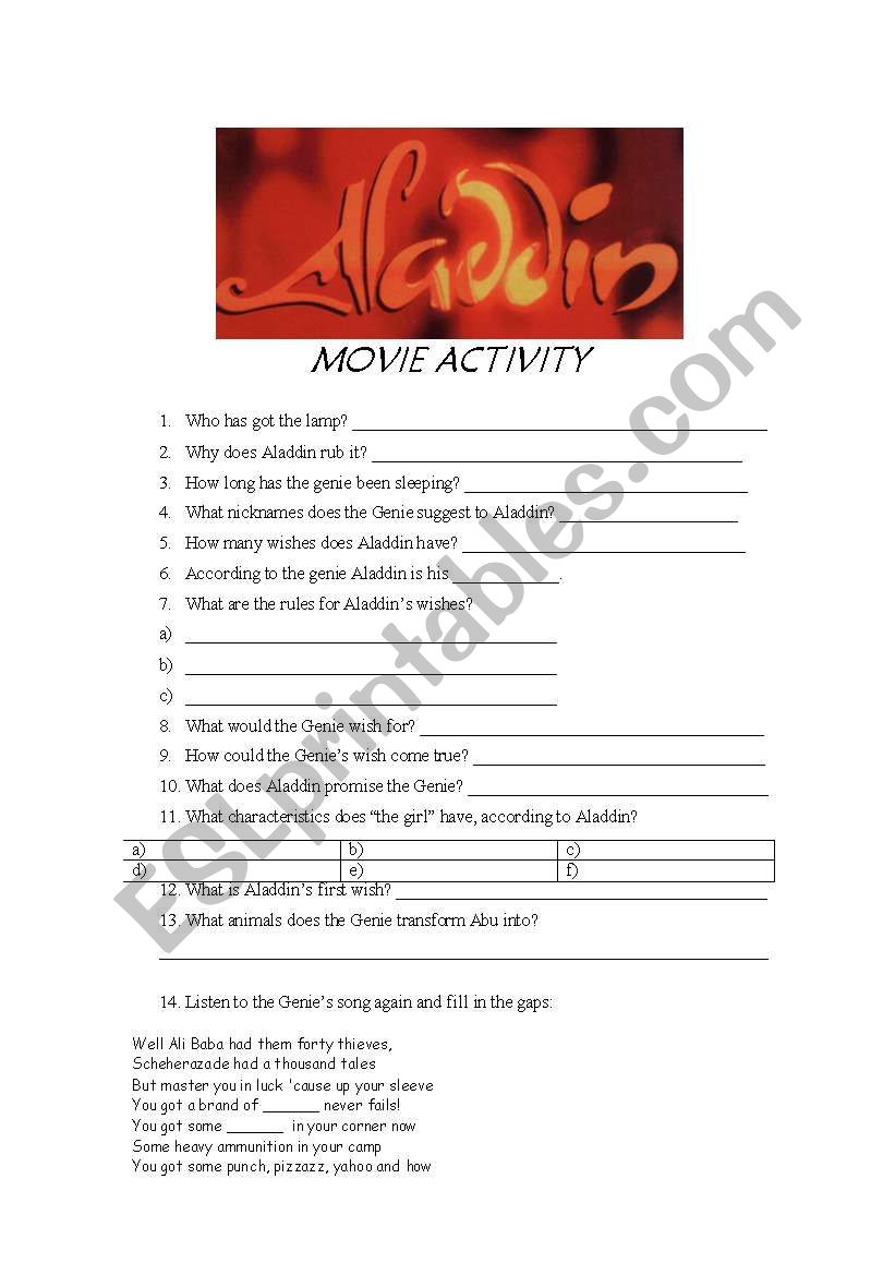 Aladdin movie activity worksheet