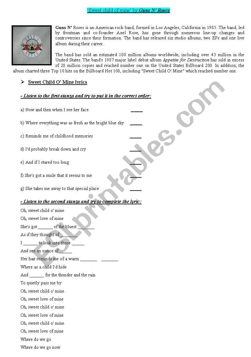 Sweet Child of Mine worksheet