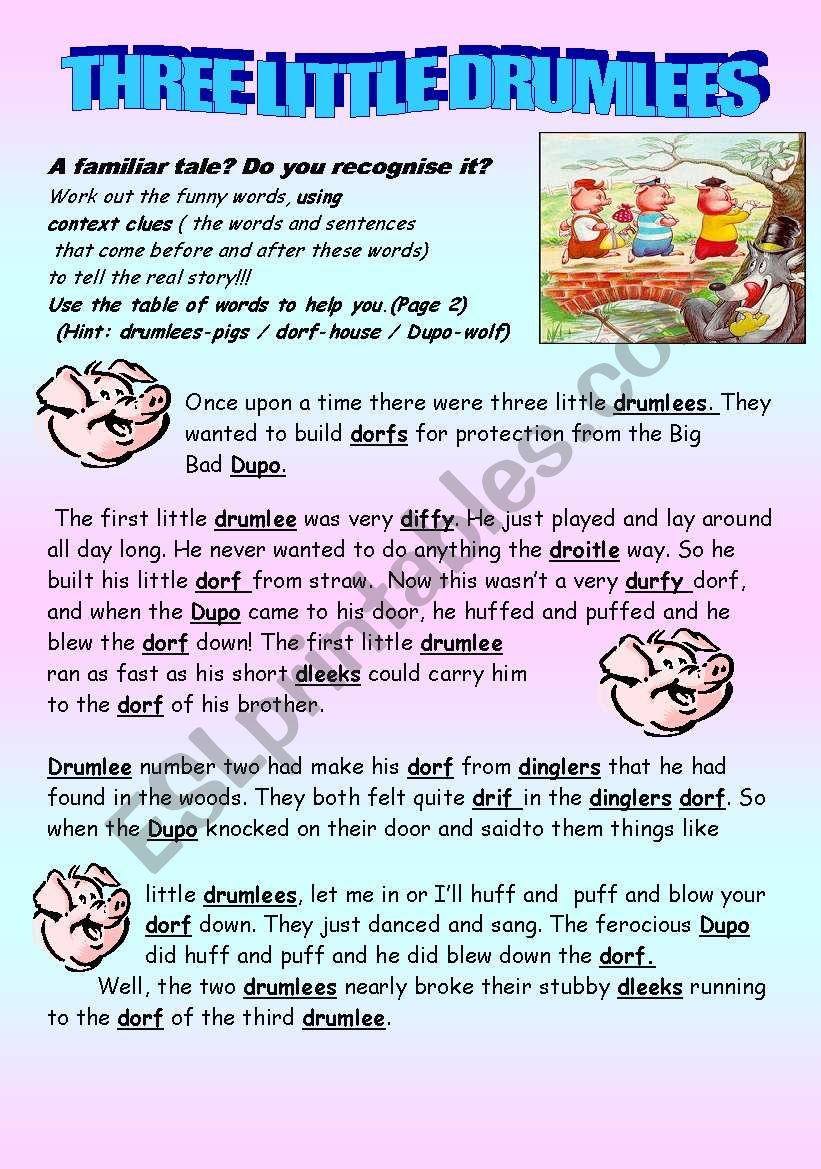 Three Little Drumlees (2pgs)( using context clues with a familiar tale)