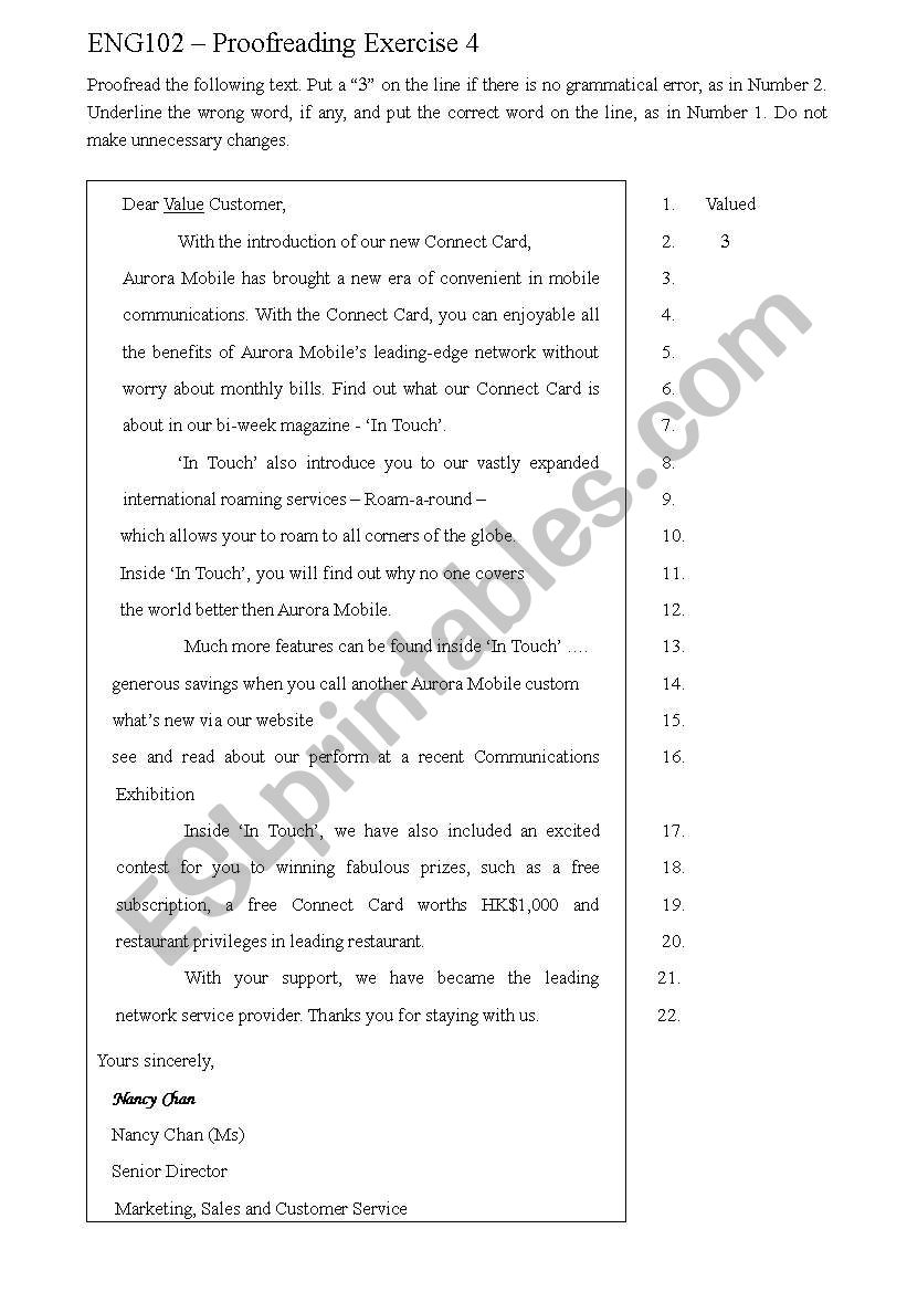 Proofreading Exercise  4_key worksheet