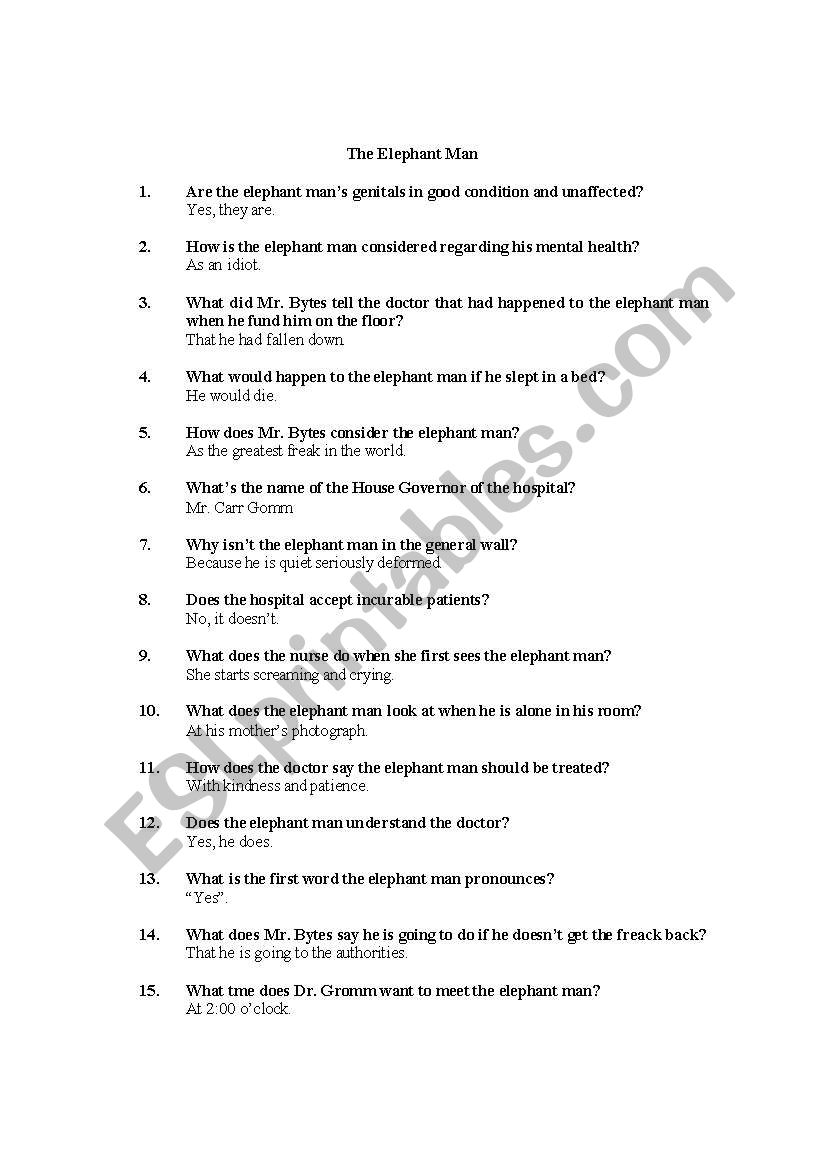 THE ELEPHANT MAN QUIZ worksheet