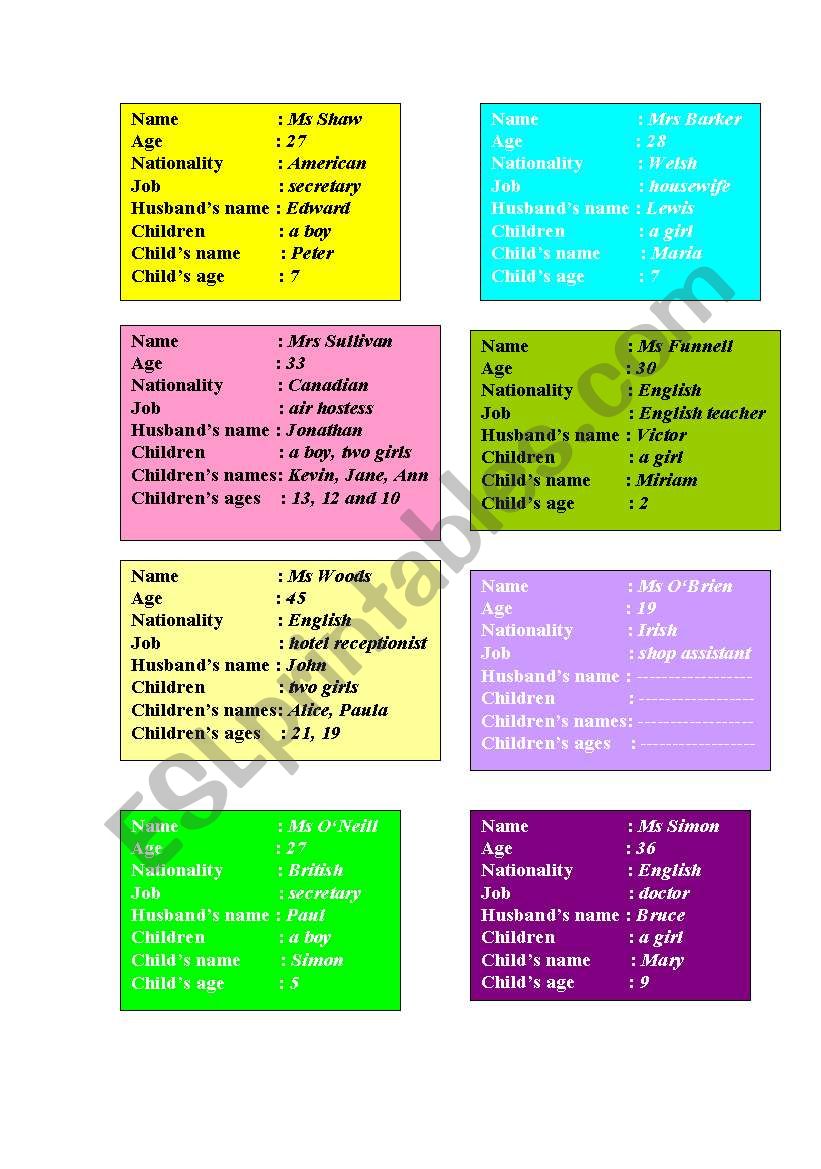 Cards for partner interviews worksheet