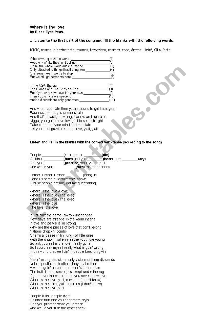 where is the love worksheet