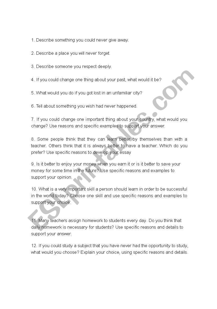 short writing topics worksheet