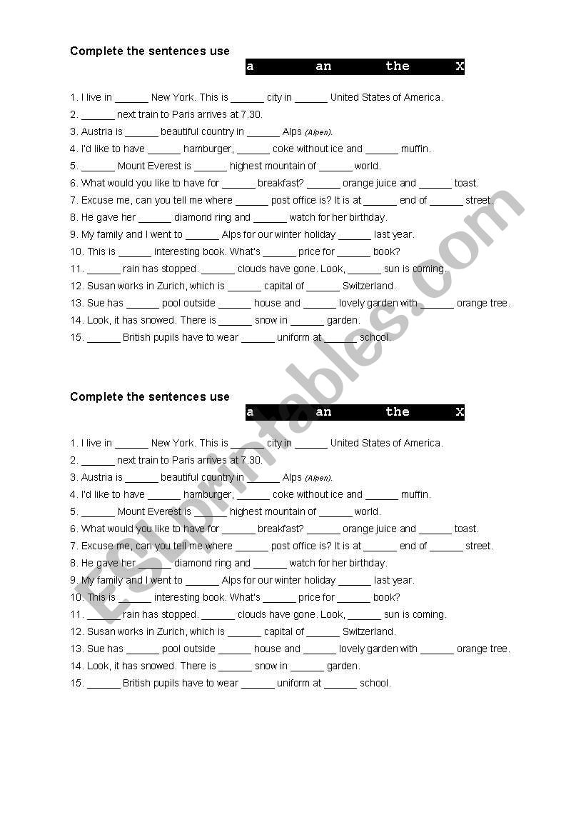 articles a, an, the worksheet