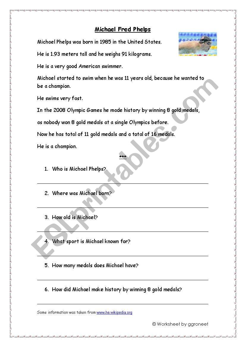 Michael Fred Phelps worksheet