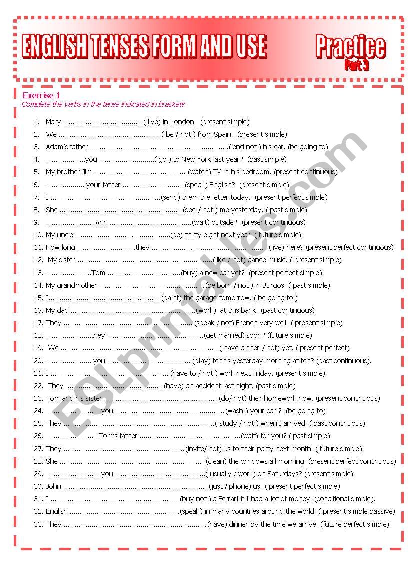 ENGLISH TENSES FORM AND USE   PRACTICE Part 3
