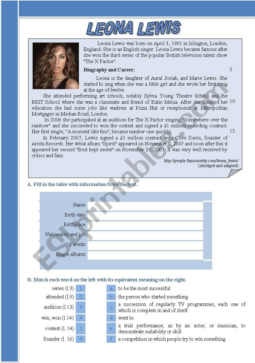 Leona Lewis biography worksheet