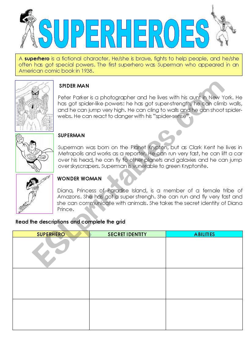 SUPERHEROES ABILITIES (CAN) worksheet