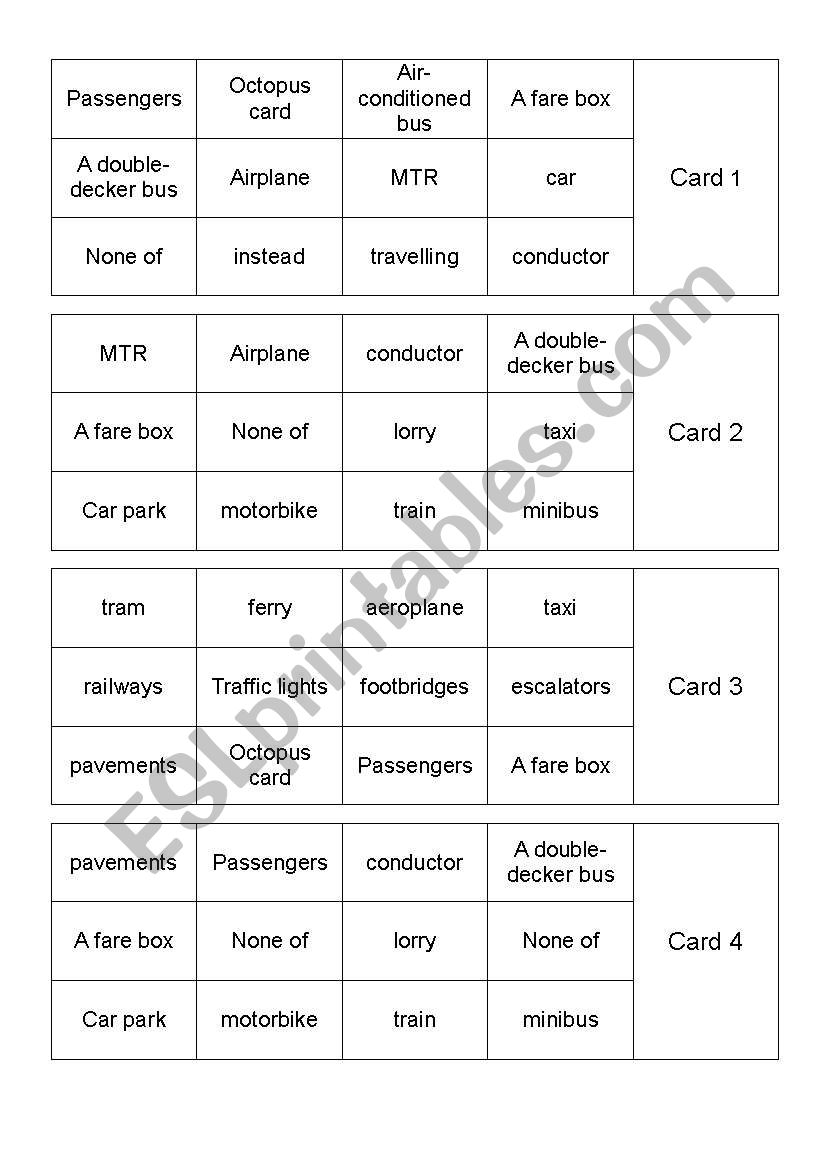 Transportation in HK Bingo Cards