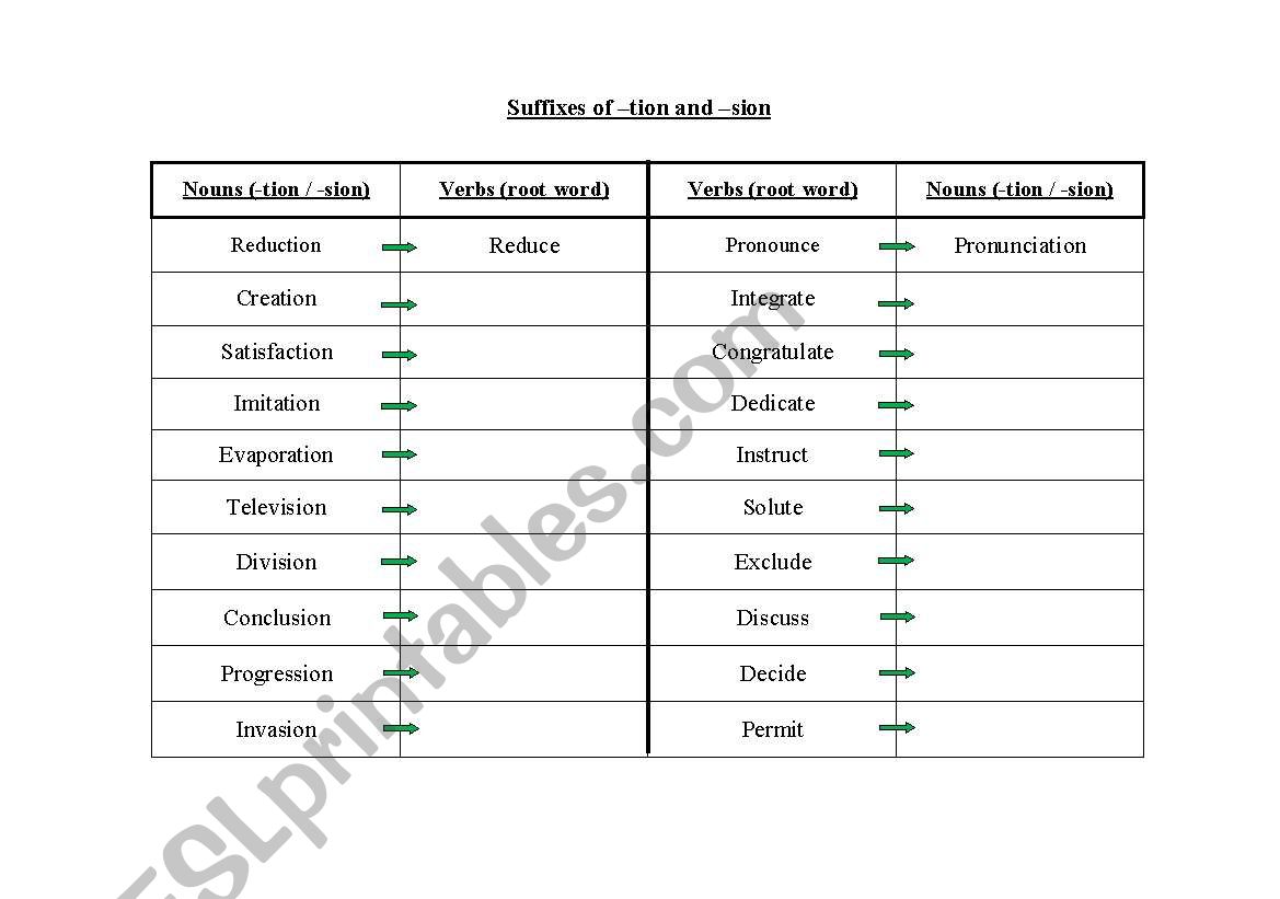 Suffixes of -tion and -sion worksheet