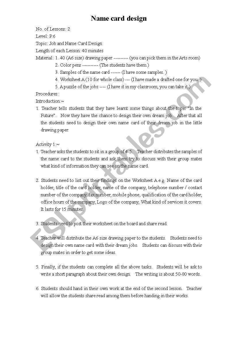 Name card Design worksheet