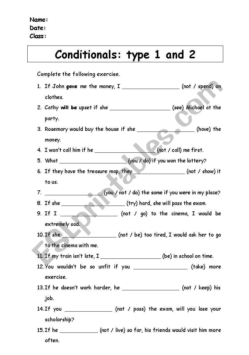 conditionals test 1 and 2 worksheet