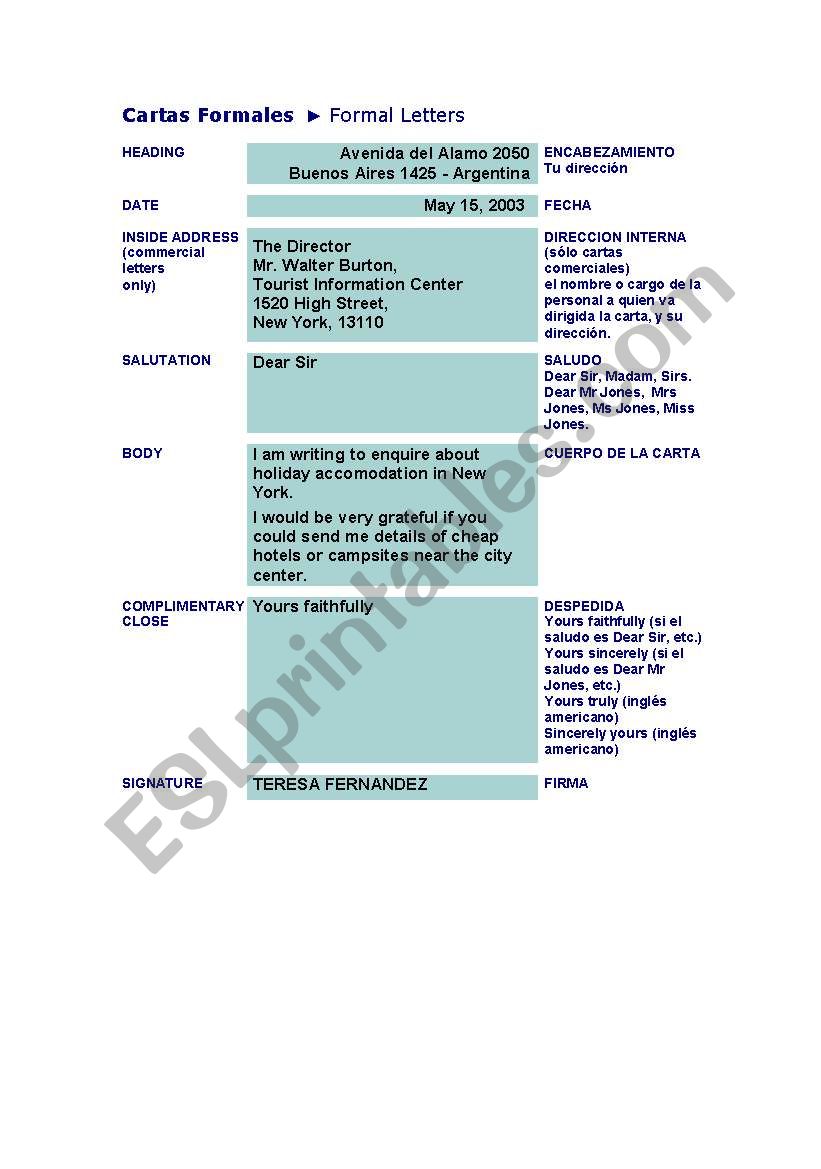 cartas formales worksheet