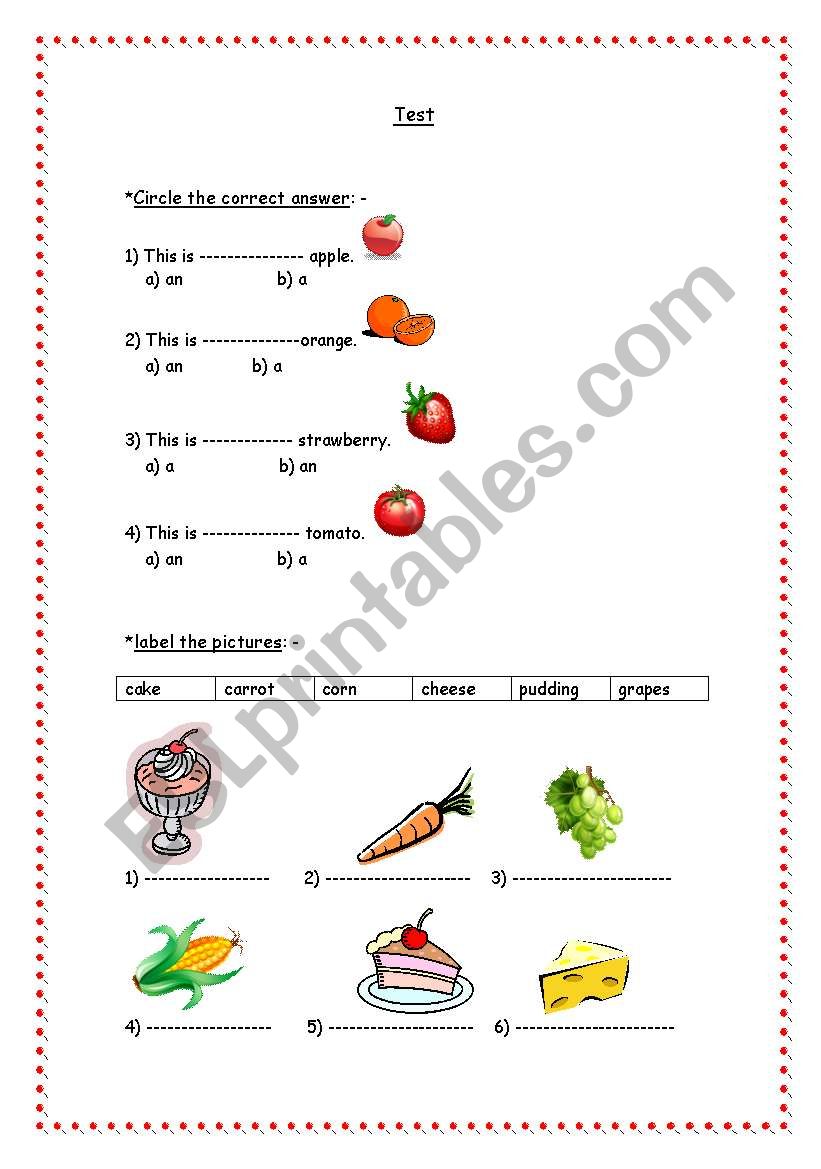 Food Test worksheet