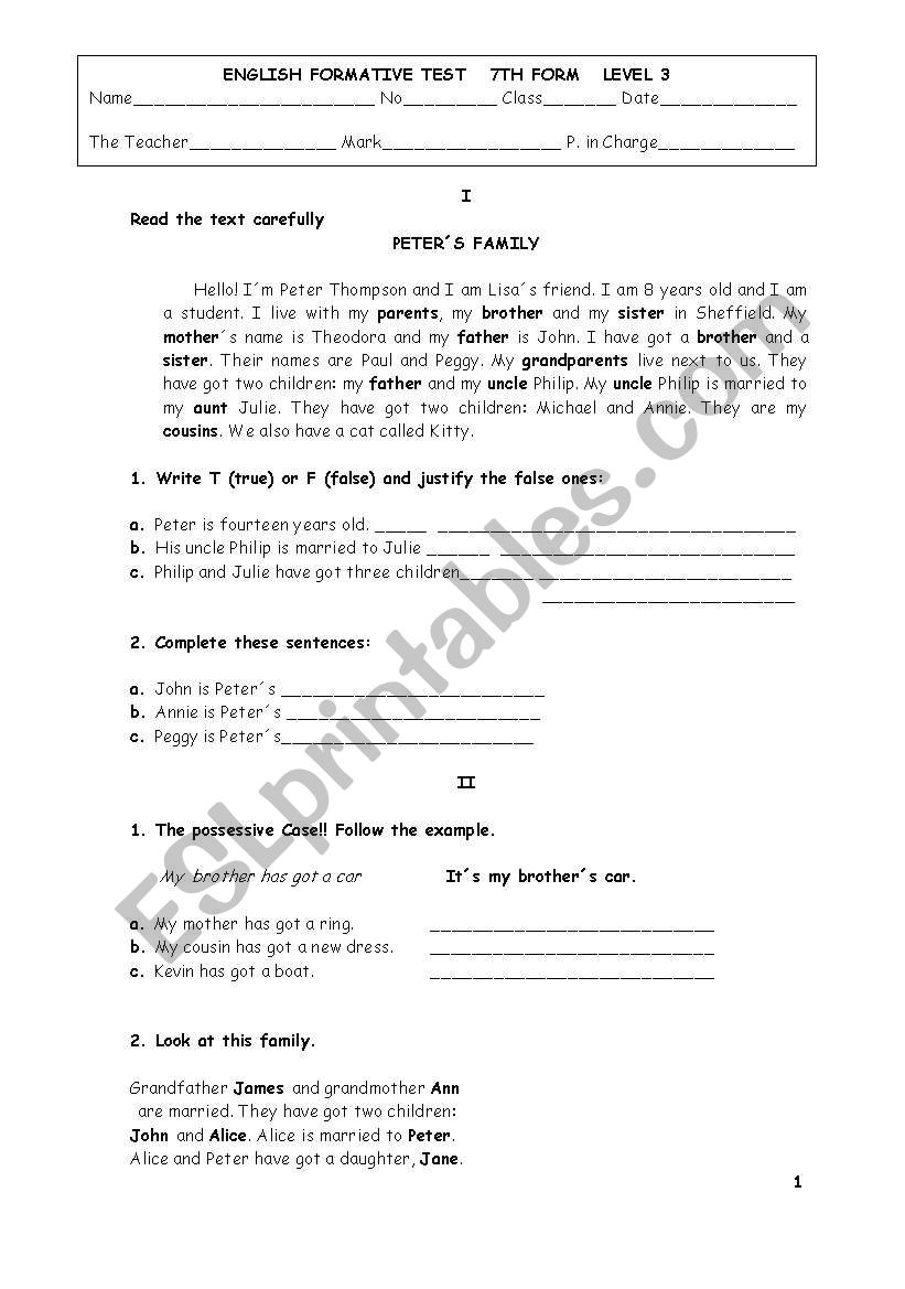 Test on Family worksheet