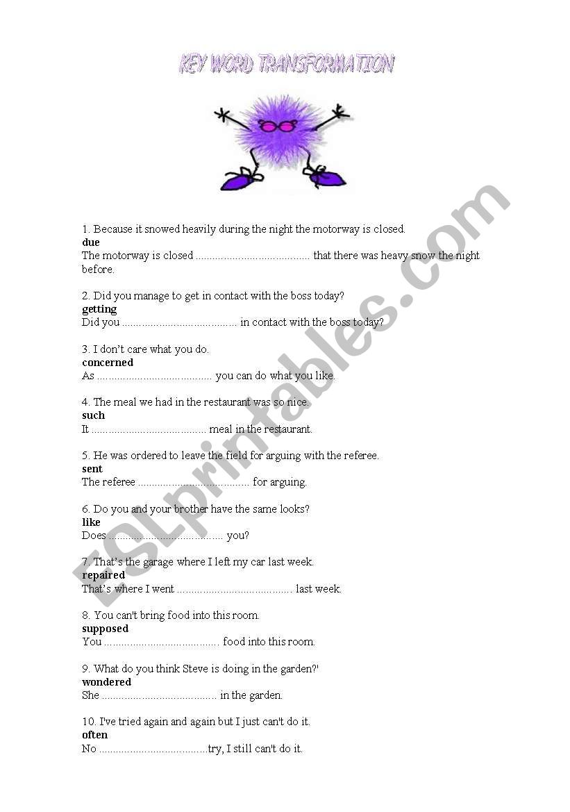 Key word Transformation worksheet