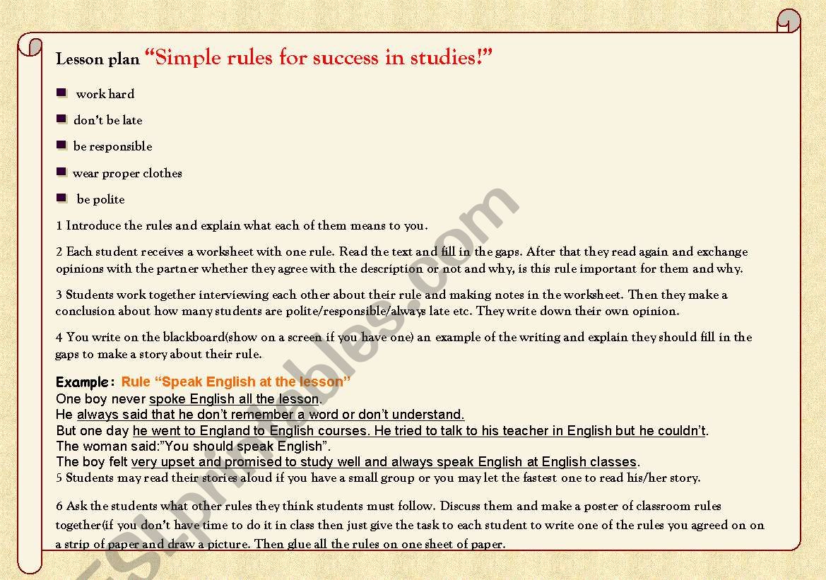 Class rules - lesson plan and different worksheets for 5 students