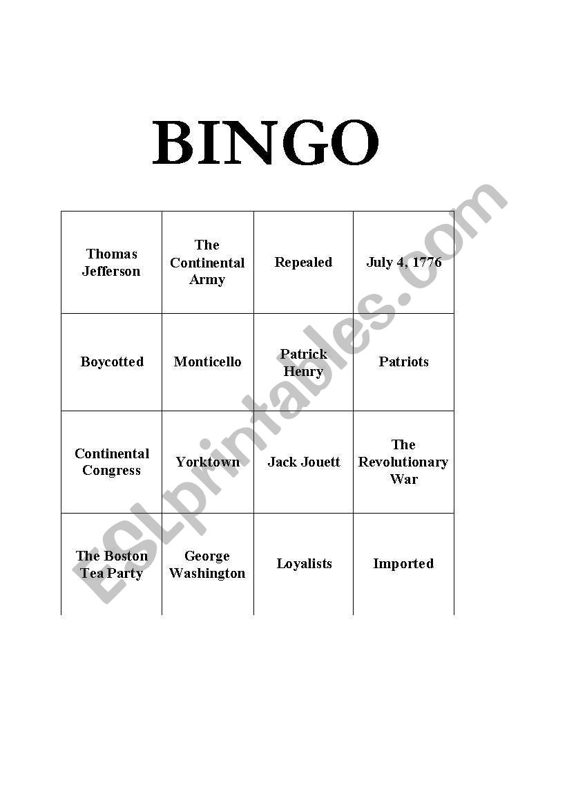 Revolutionary War BINGO worksheet