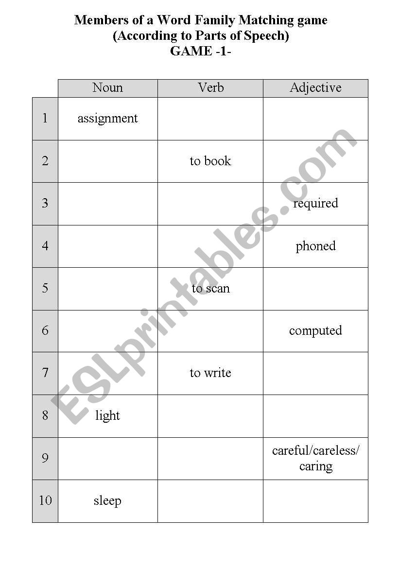 Parts of speech matching game worksheet