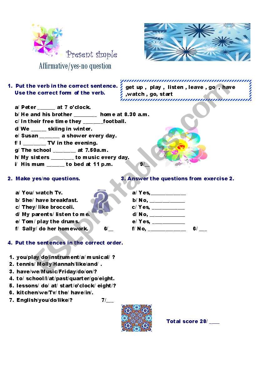 present simple - affirmative/ yes-no questions/sentence order