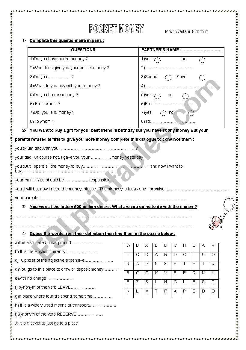 Pocket money worksheet