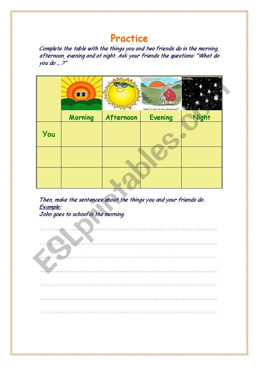 Daily activities worksheet