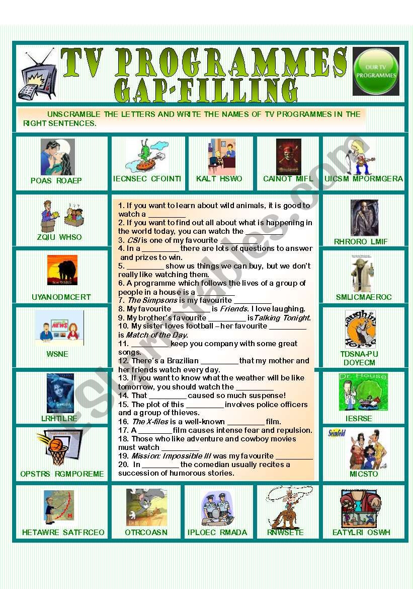 TV programmes: gap-filling worksheet